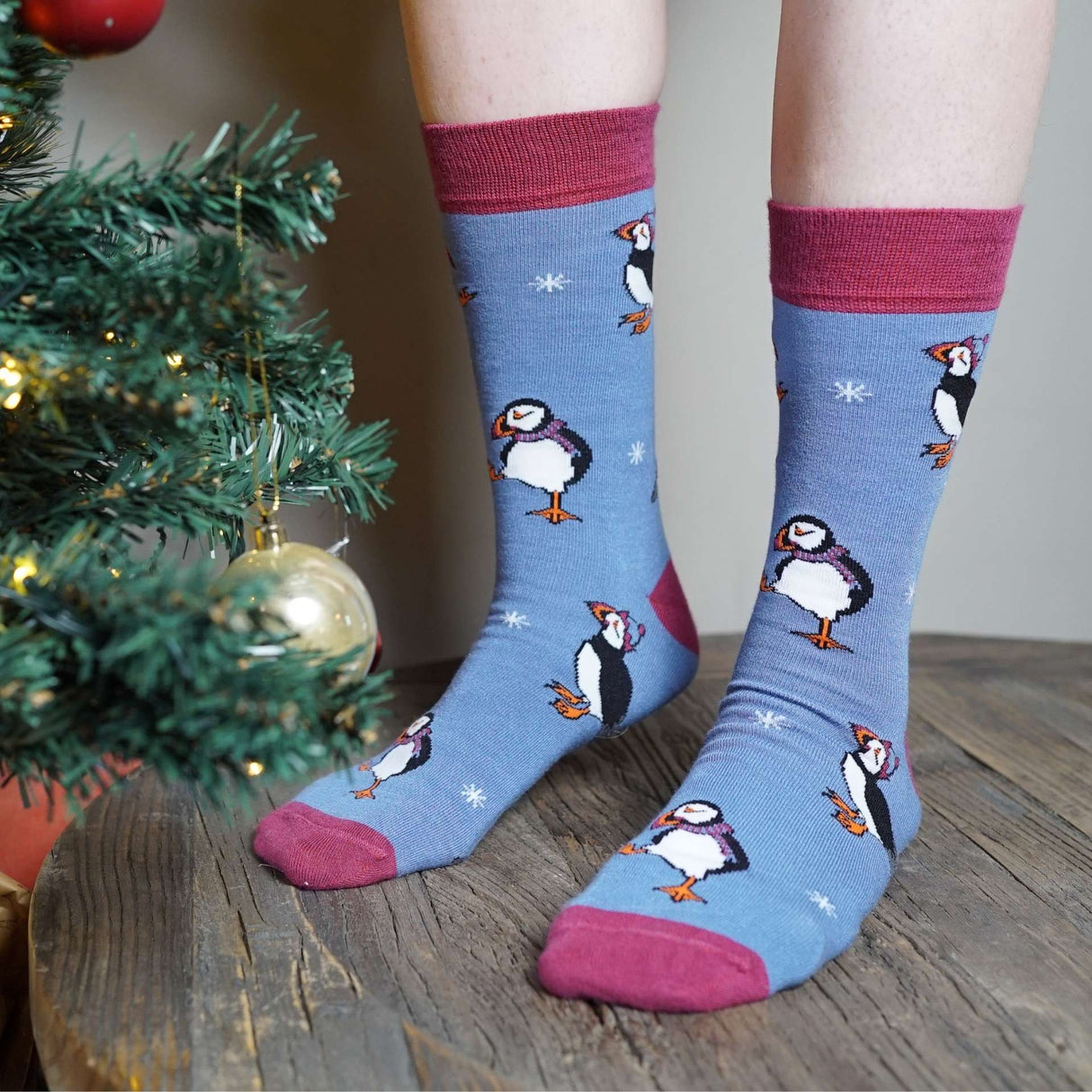 Save the Christmas Puffins Blue Bamboo Socks