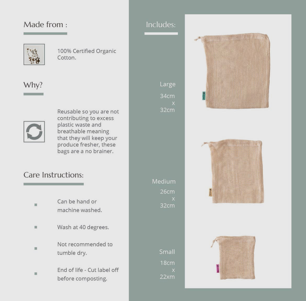 Organic Cotton Reusable Mesh Produce Bags, Pack of 3