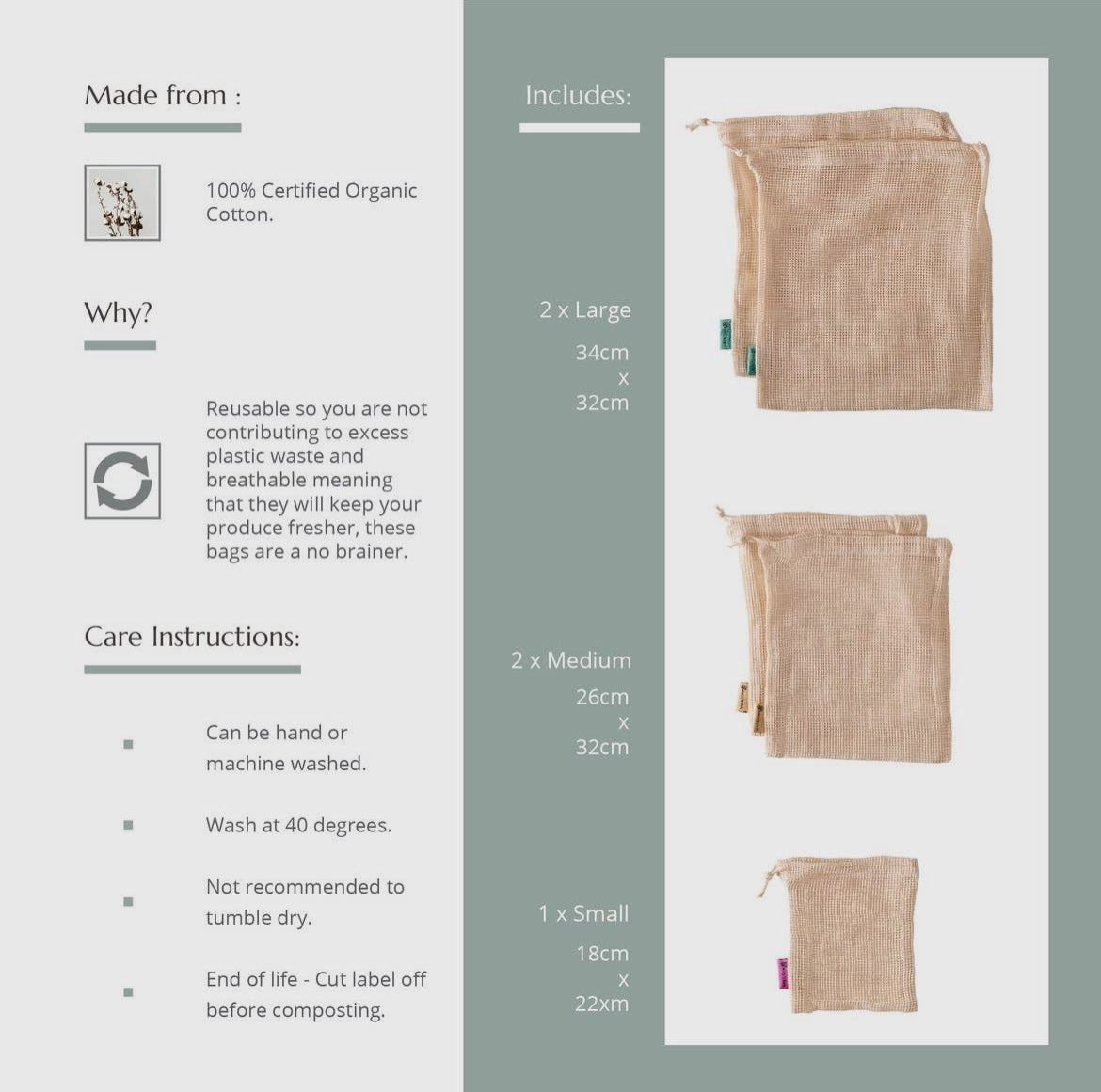 Organic Cotton Reusable Mesh Produce Bags, Pack of 3