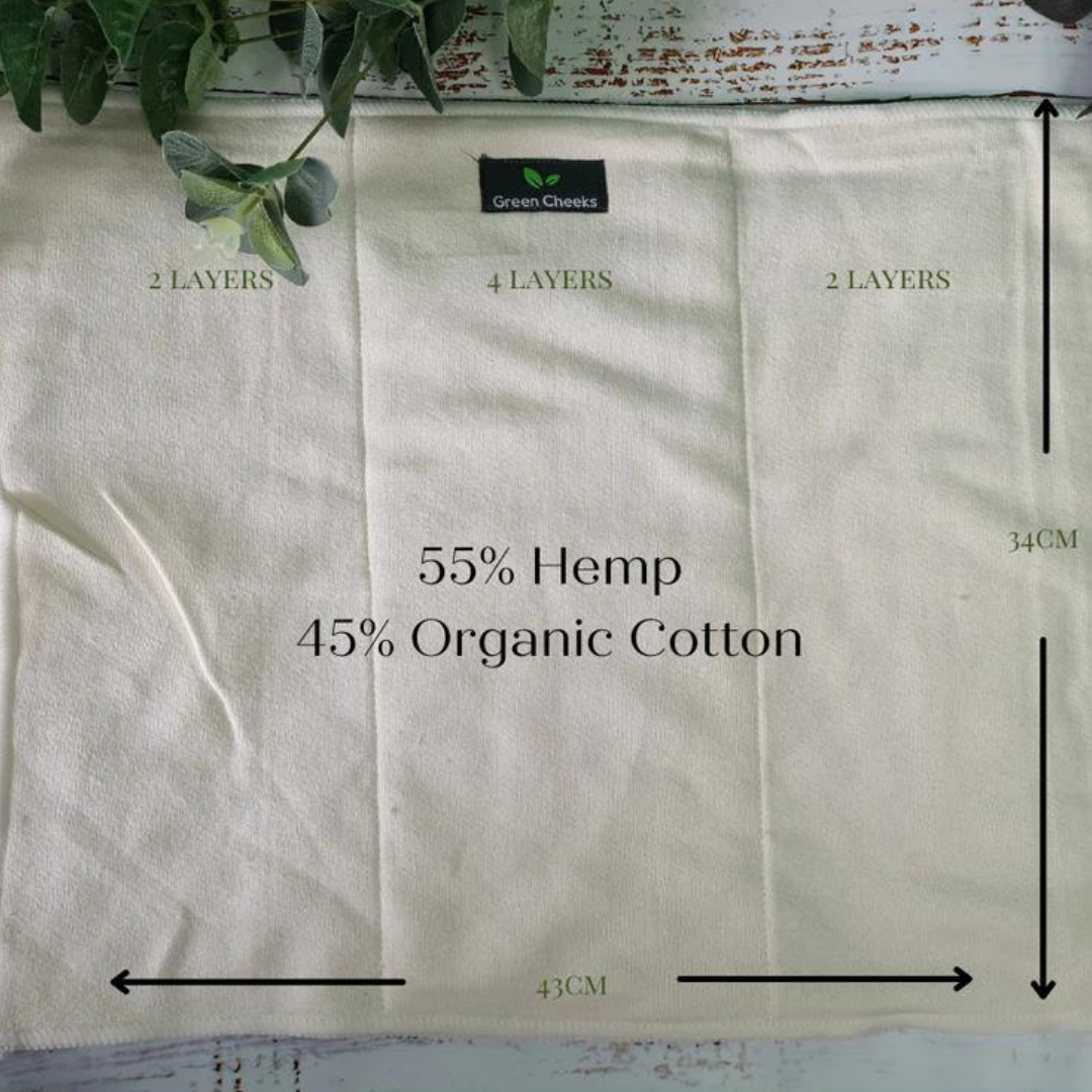 Green Cheeks Tri-Fold/ Pre-Fold 8 Layer Hemp Cloth Nappy Insert