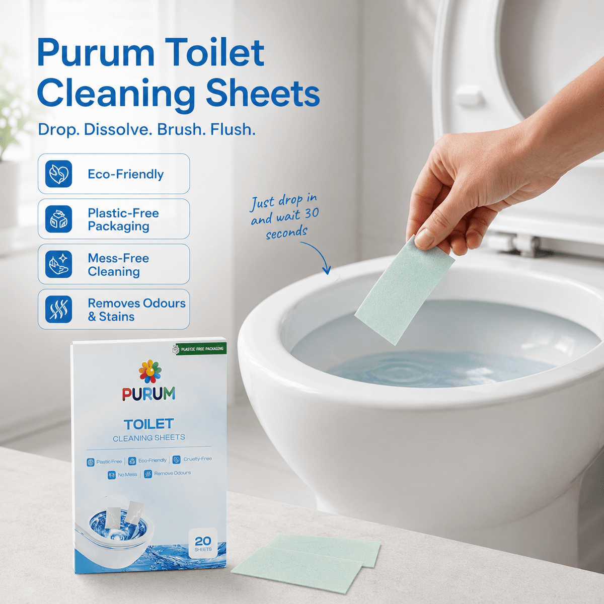 Purum Toilet Cleaning Sheets – Plastic-Free & Eco-Friendly - 20 Pack