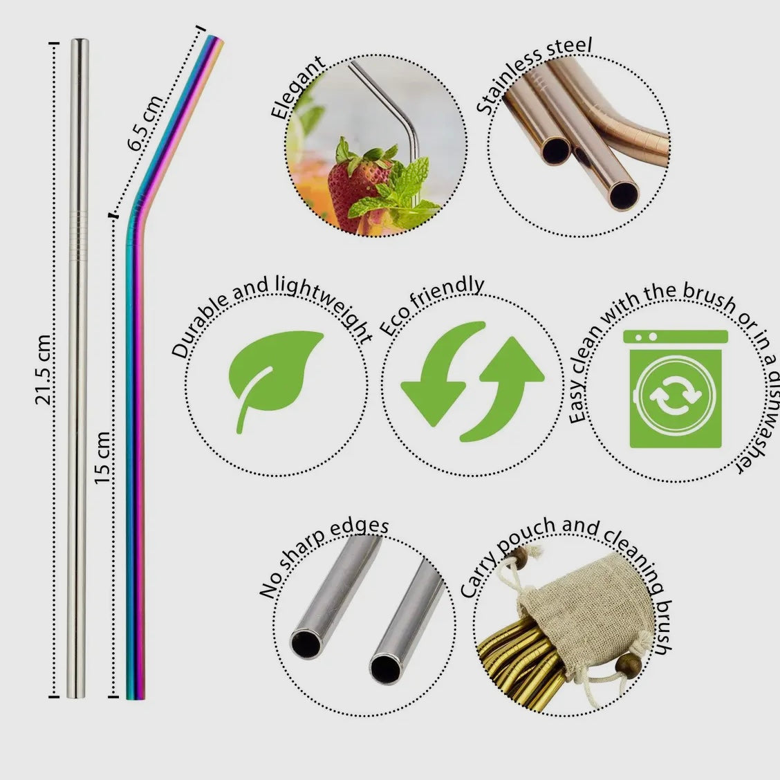 Reusable Stainless Steel Straws, Rainbow