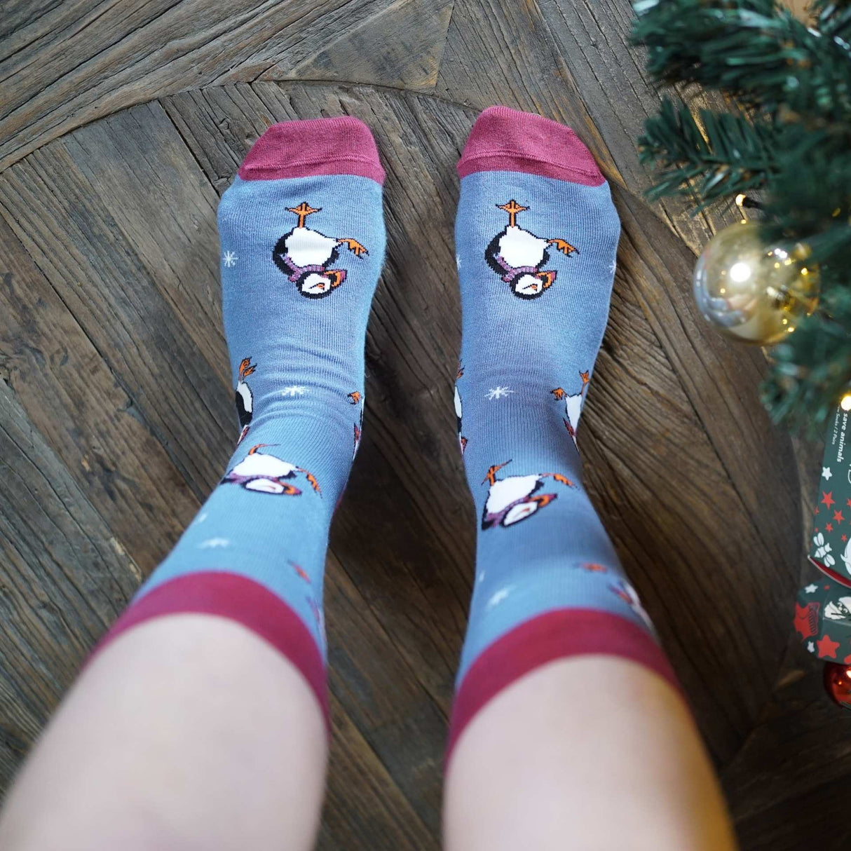 Save the Christmas Puffins Blue Bamboo Socks