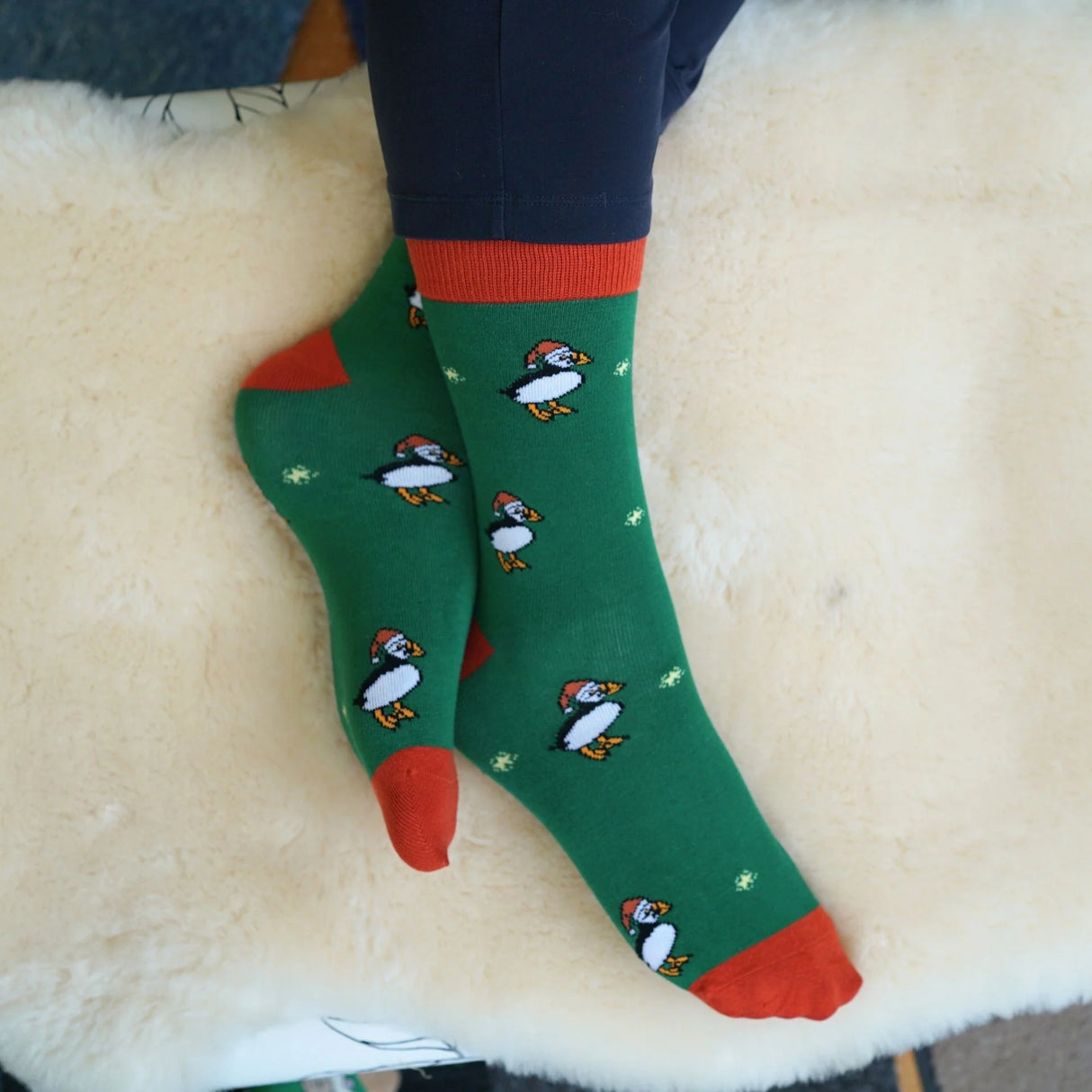 Save the Christmas Puffins Green Bamboo Socks