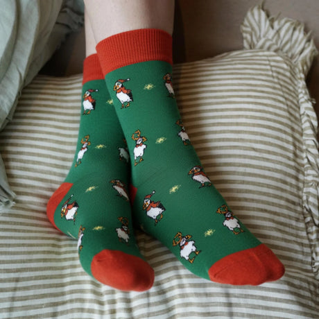 Save the Christmas Puffins Green Bamboo Socks